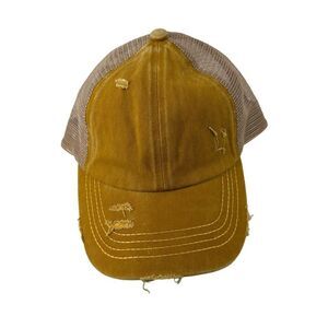 High Ponytail Baseball Cap CC Exclusives Marigold Yellow Distressed Womens OS
